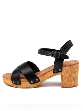 Black Leather Cross-Strap Clogs Sandals with Wood Block Heel